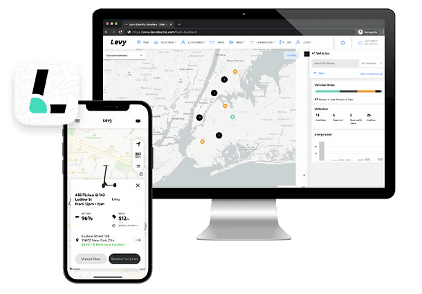 Levy Fleets operator dashboard showing a map of scooters, beside the Levy rider app